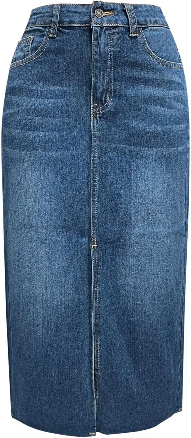 Jean Skirt for Women Denim Skirt with Pockets Mid High Waist Stretchy Bodycon Midi Skirts Long Pencil Skirts for