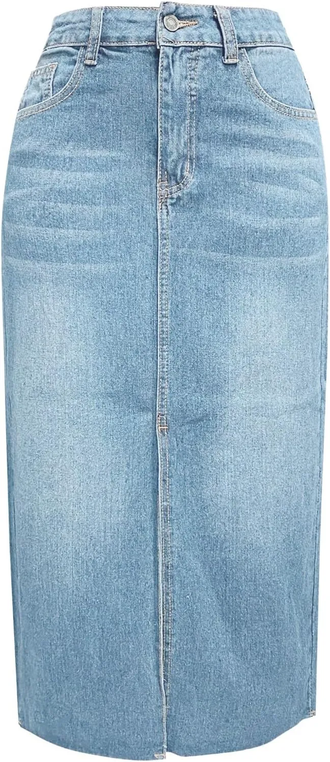 Jean Skirt for Women Denim Skirt with Pockets Mid High Waist Stretchy Bodycon Midi Skirts Long Pencil Skirts for