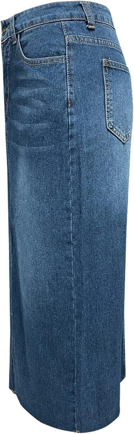 Jean Skirt for Women Denim Skirt with Pockets Mid High Waist Stretchy Bodycon Midi Skirts Long Pencil Skirts for