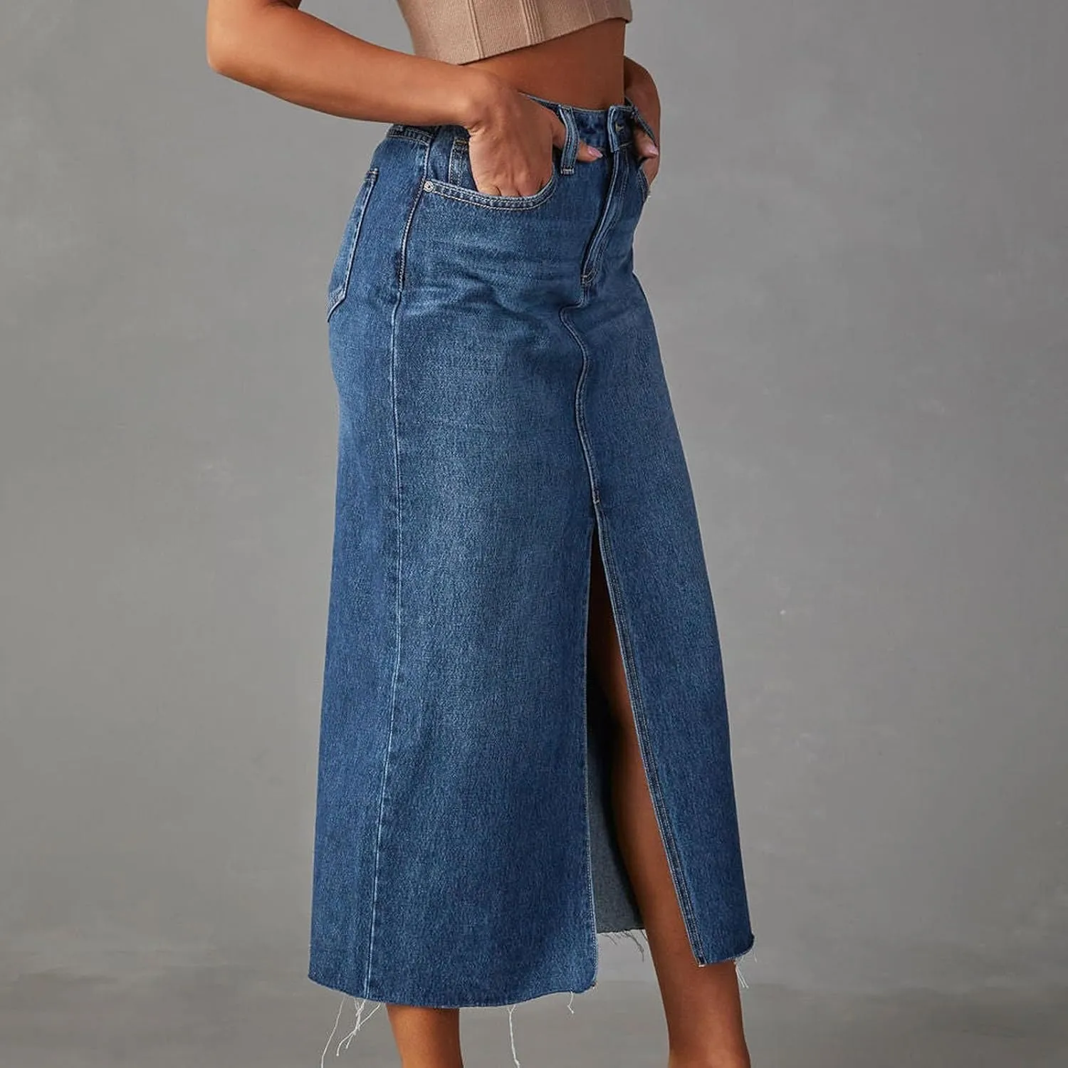 Jean Skirt for Women Denim Skirt with Pockets Mid High Waist Stretchy Bodycon Midi Skirts Long Pencil Skirts for