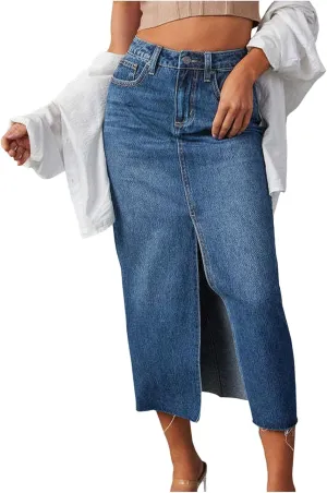 Jean Skirt for Women Denim Skirt with Pockets Mid High Waist Stretchy Bodycon Midi Skirts Long Pencil Skirts for