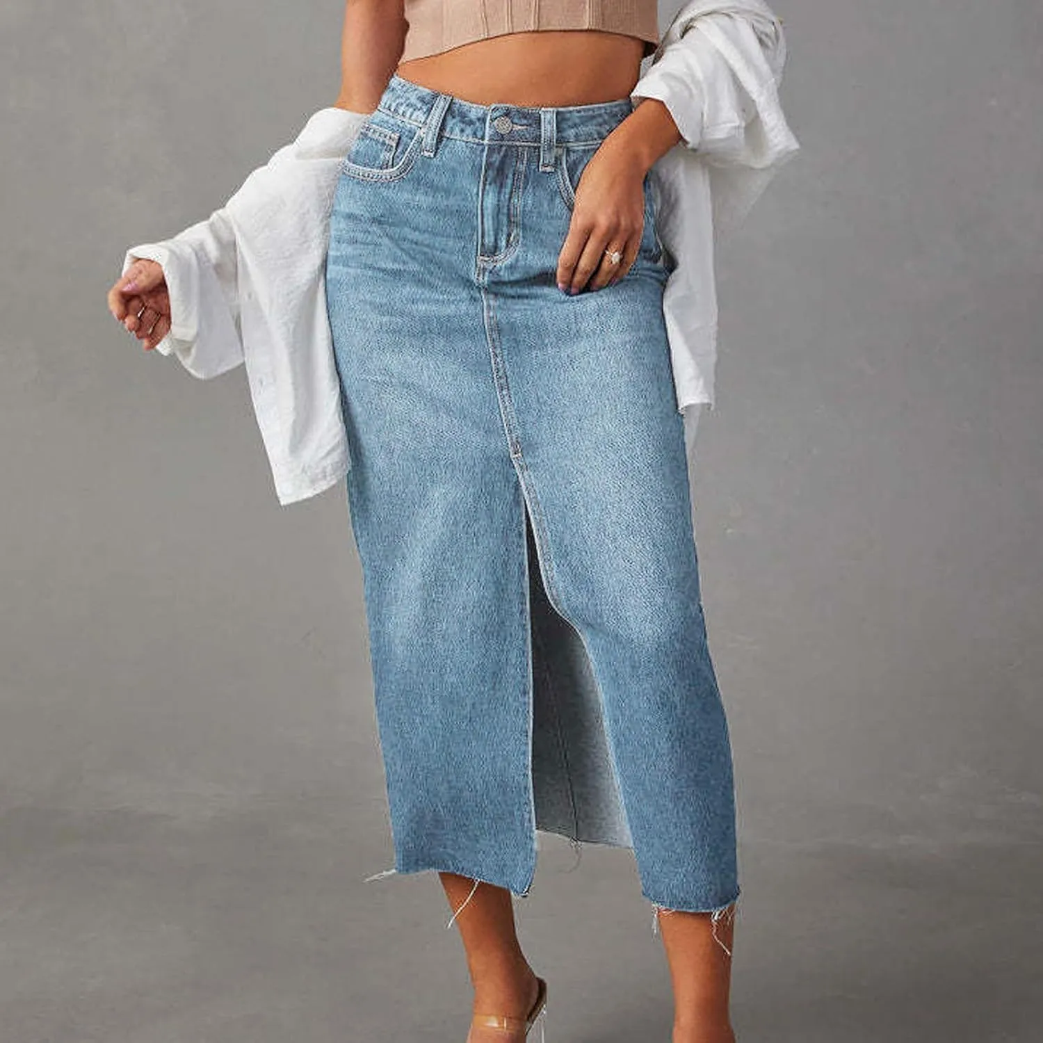 Jean Skirt for Women Denim Skirt with Pockets Mid High Waist Stretchy Bodycon Midi Skirts Long Pencil Skirts for