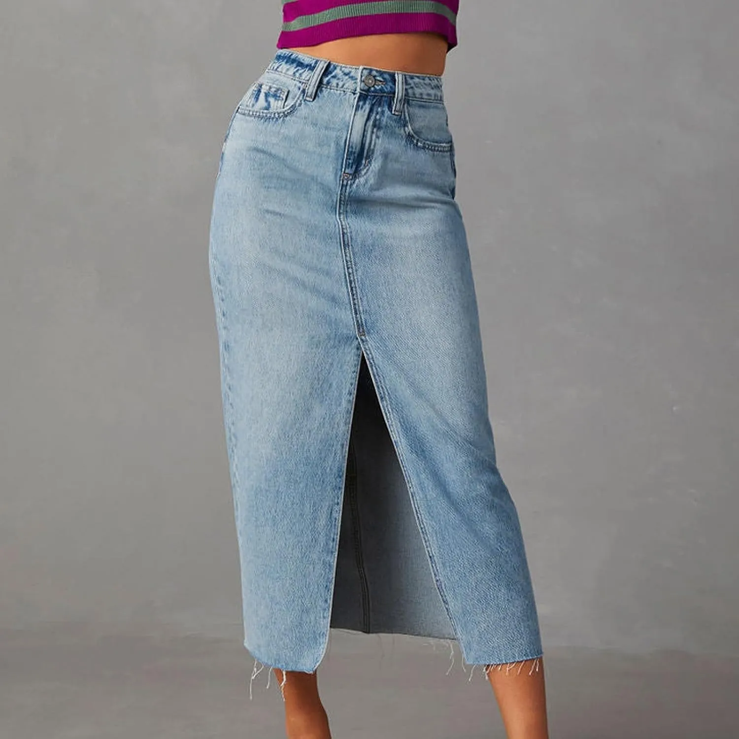 Jean Skirt for Women Denim Skirt with Pockets Mid High Waist Stretchy Bodycon Midi Skirts Long Pencil Skirts for