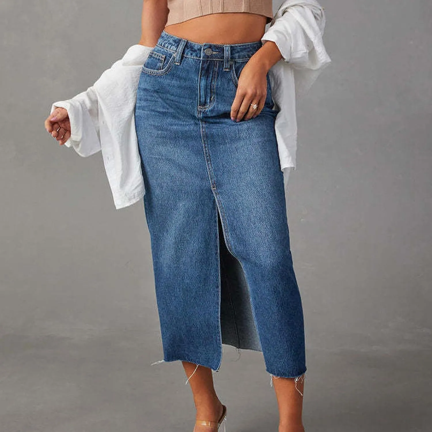 Jean Skirt for Women Denim Skirt with Pockets Mid High Waist Stretchy Bodycon Midi Skirts Long Pencil Skirts for