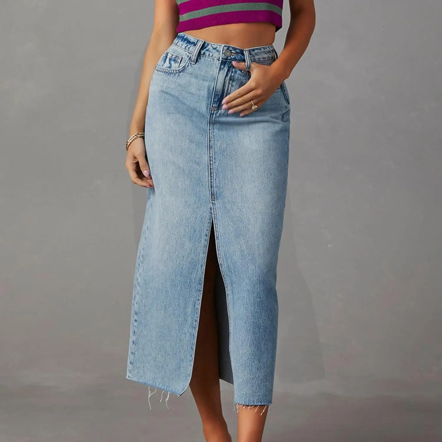 Jean Skirt for Women Denim Skirt with Pockets Mid High Waist Stretchy Bodycon Midi Skirts Long Pencil Skirts for