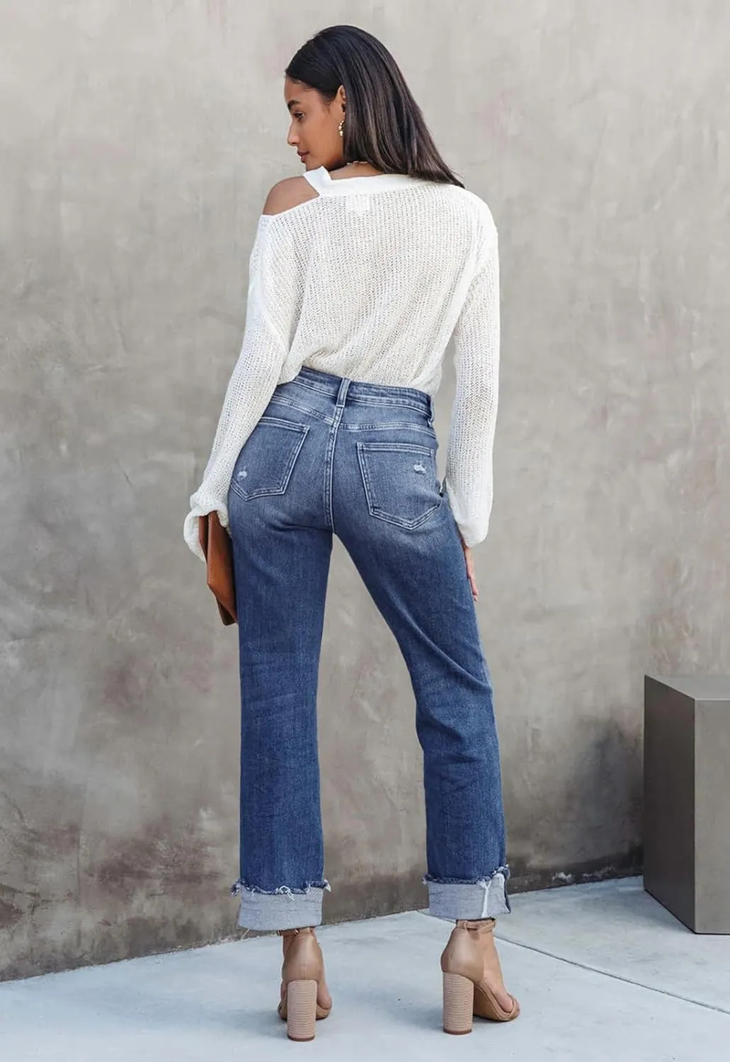 Jeans for Women Trendy High Waisted Corssover Boyfriend Jeans Distressed Stretchy Denim Pants