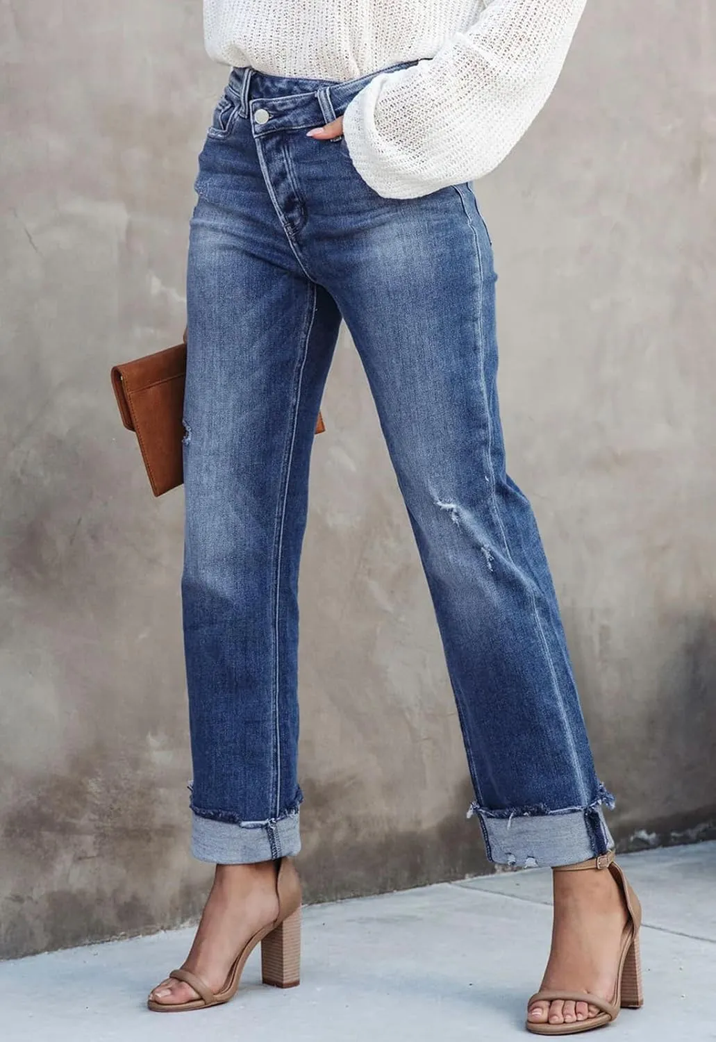 Jeans for Women Trendy High Waisted Corssover Boyfriend Jeans Distressed Stretchy Denim Pants