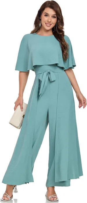 Jumpsuits for Women Dressy Summer Casual One-Piece Outfits Elegant Formal Cape Belted Wide Leg Rompers Evening Pantsuits