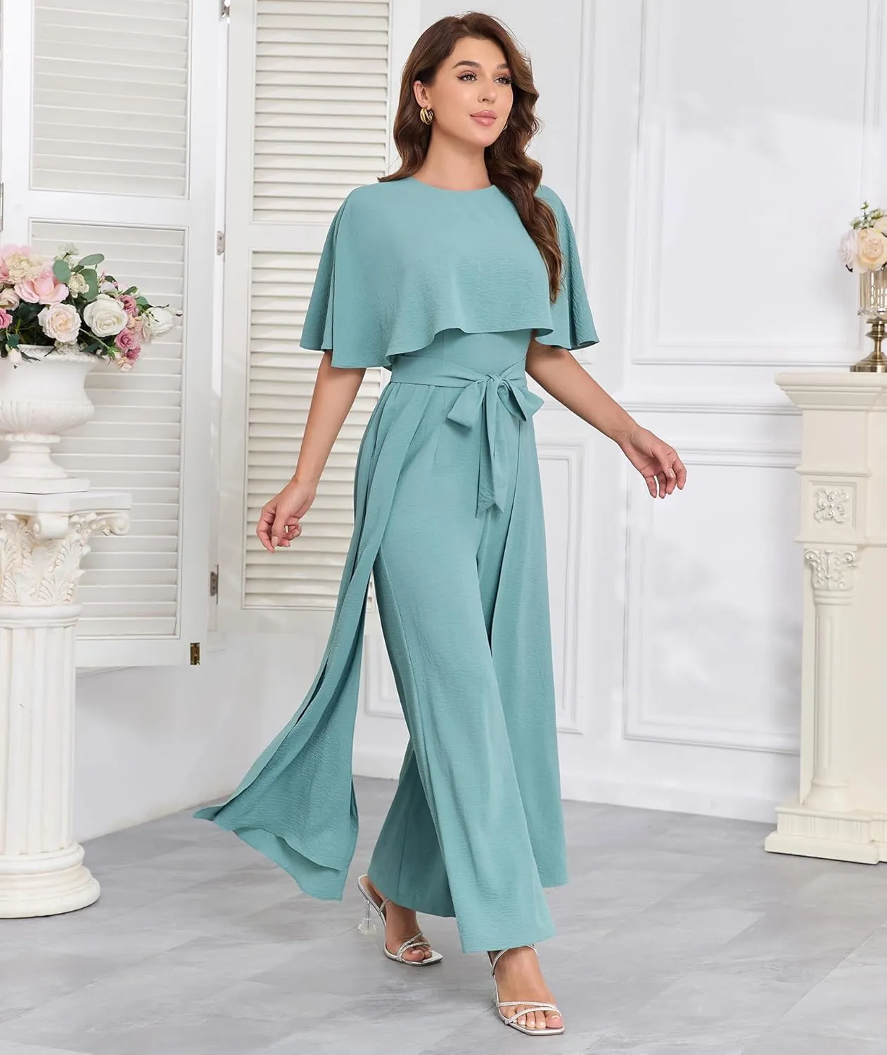 Jumpsuits for Women Dressy Summer Casual One-Piece Outfits Elegant Formal Cape Belted Wide Leg Rompers Evening Pantsuits