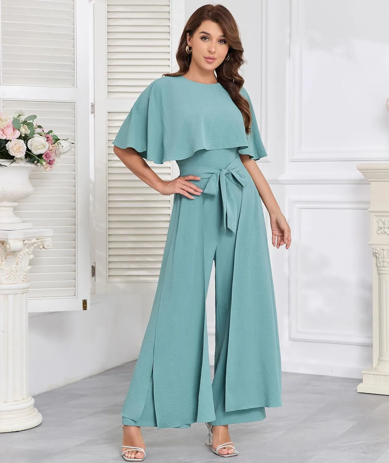 Jumpsuits for Women Dressy Summer Casual One-Piece Outfits Elegant Formal Cape Belted Wide Leg Rompers Evening Pantsuits