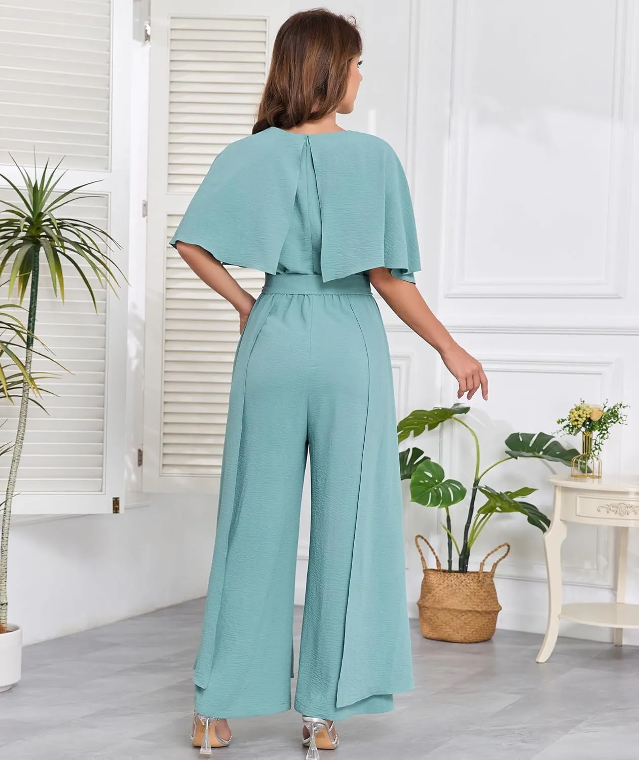 Jumpsuits for Women Dressy Summer Casual One-Piece Outfits Elegant Formal Cape Belted Wide Leg Rompers Evening Pantsuits