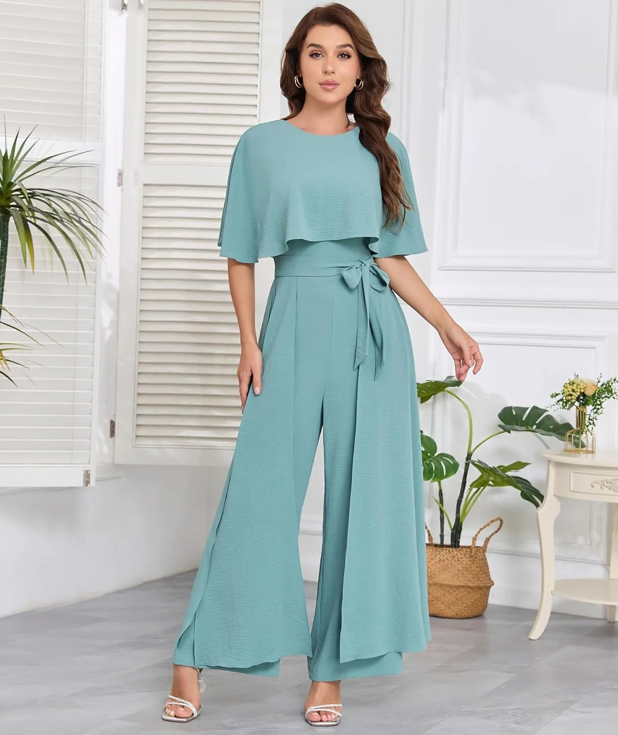 Jumpsuits for Women Dressy Summer Casual One-Piece Outfits Elegant Formal Cape Belted Wide Leg Rompers Evening Pantsuits