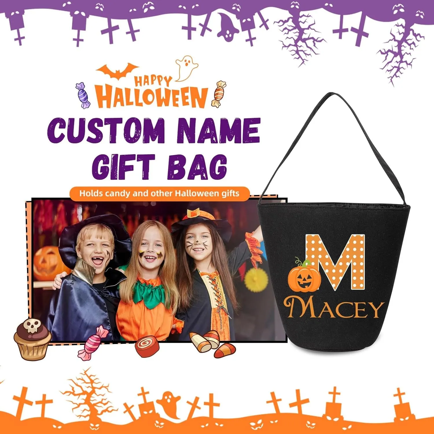 kaululu Halloween Candy Bags Halloween Candy Bucket Halloween Trick or Treat Bucket Bag Custom Name Embroidered Candy Basket for Kids (Black 1)