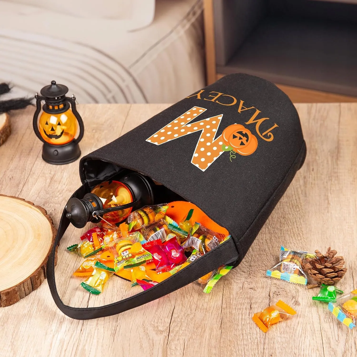 kaululu Halloween Candy Bags Halloween Candy Bucket Halloween Trick or Treat Bucket Bag Custom Name Embroidered Candy Basket for Kids (Black 1)