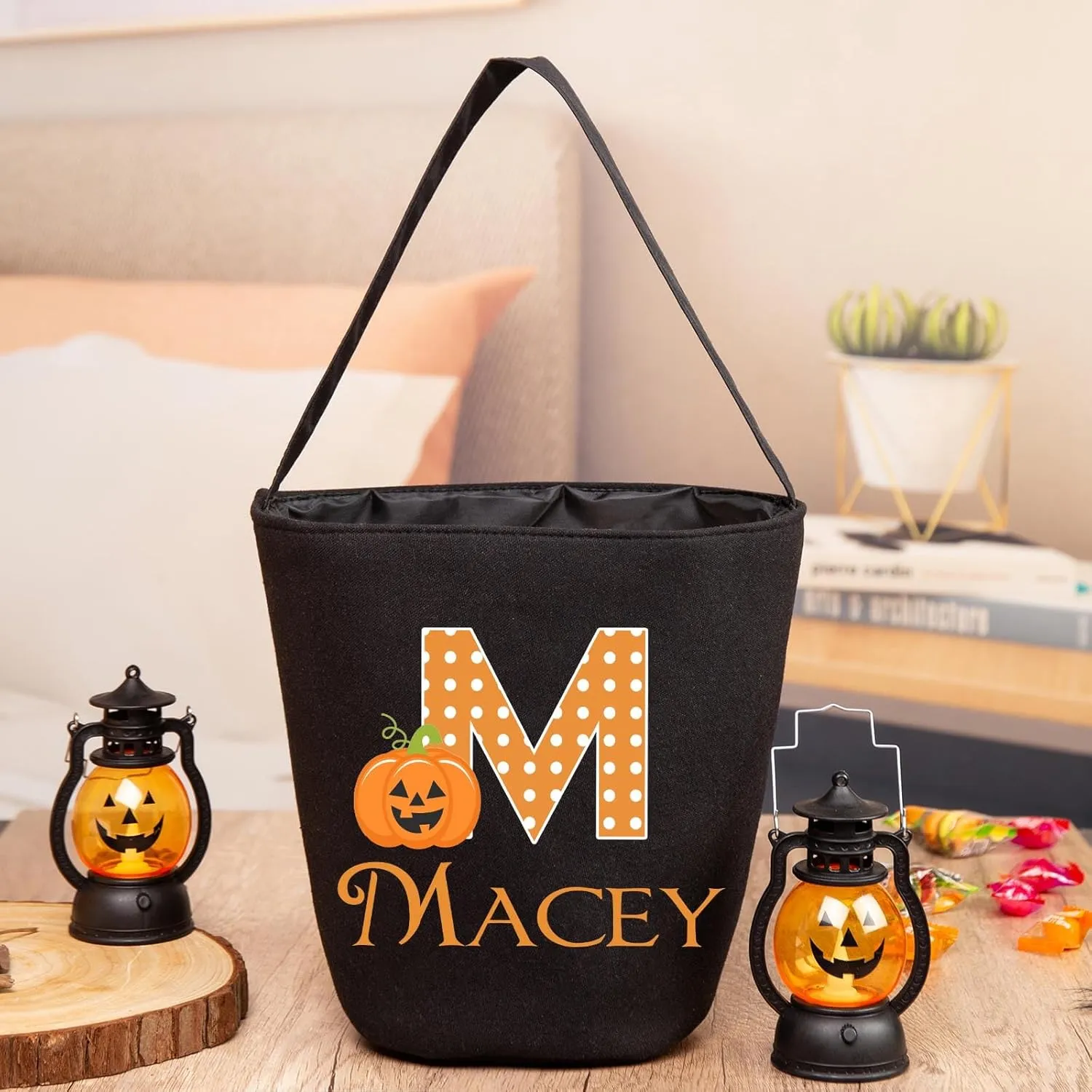 kaululu Halloween Candy Bags Halloween Candy Bucket Halloween Trick or Treat Bucket Bag Custom Name Embroidered Candy Basket for Kids (Black 1)