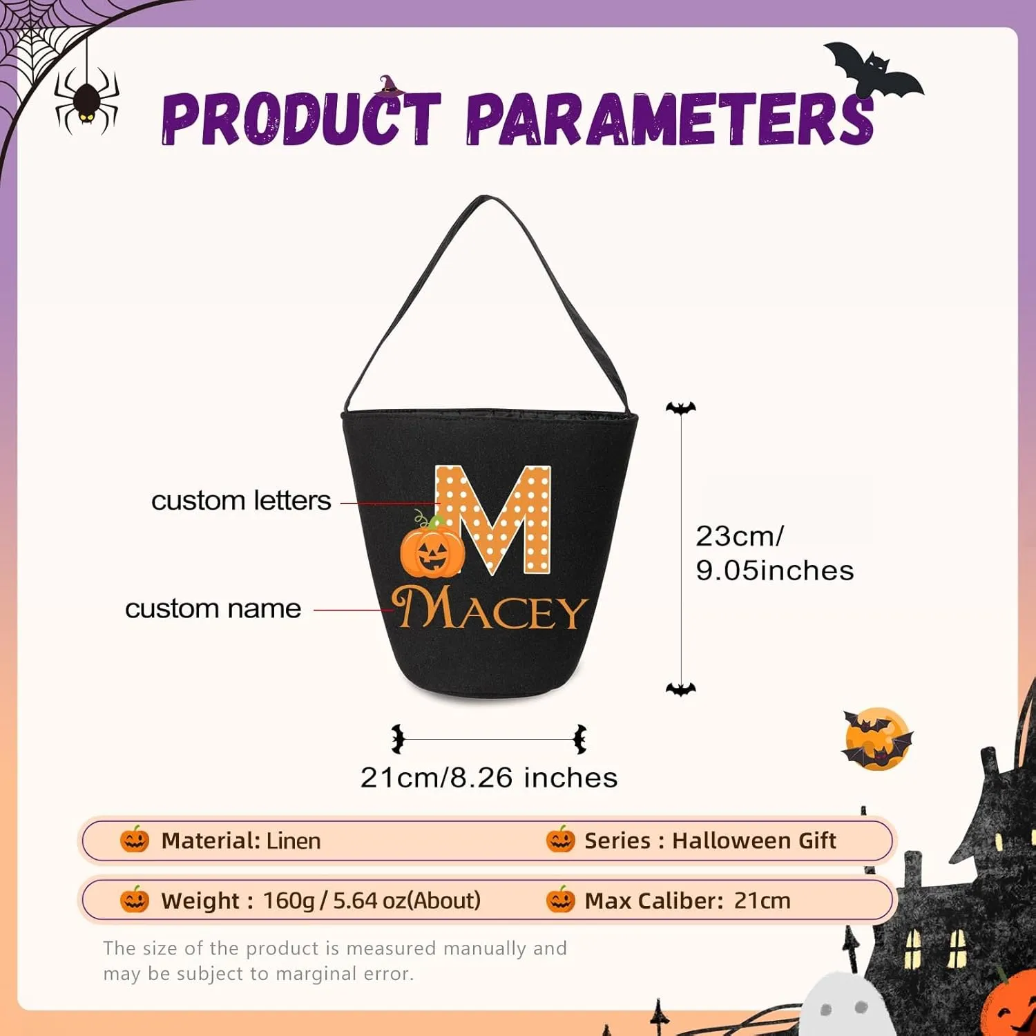 kaululu Halloween Candy Bags Halloween Candy Bucket Halloween Trick or Treat Bucket Bag Custom Name Embroidered Candy Basket for Kids (Black 1)