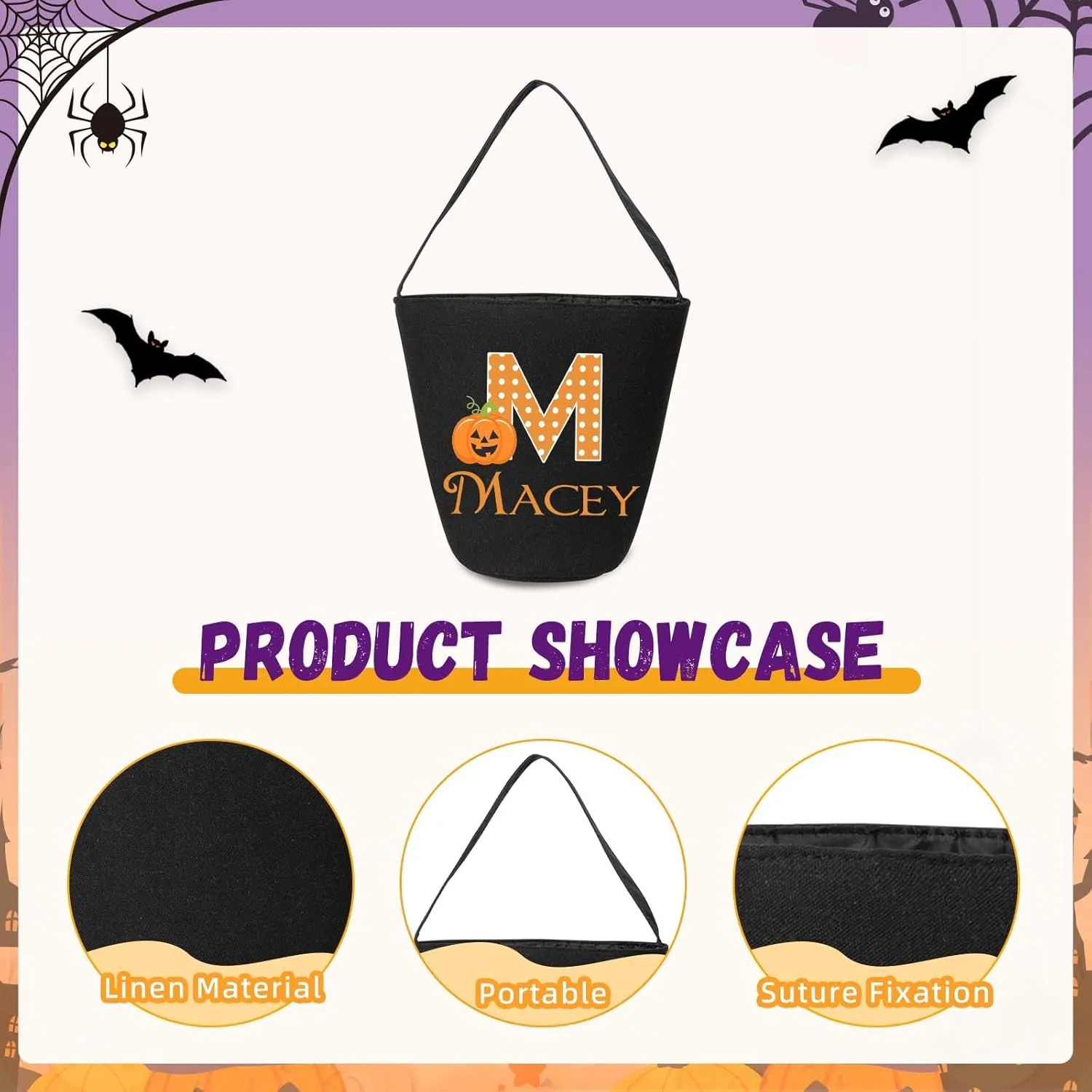 kaululu Halloween Candy Bags Halloween Candy Bucket Halloween Trick or Treat Bucket Bag Custom Name Embroidered Candy Basket for Kids (Black 1)