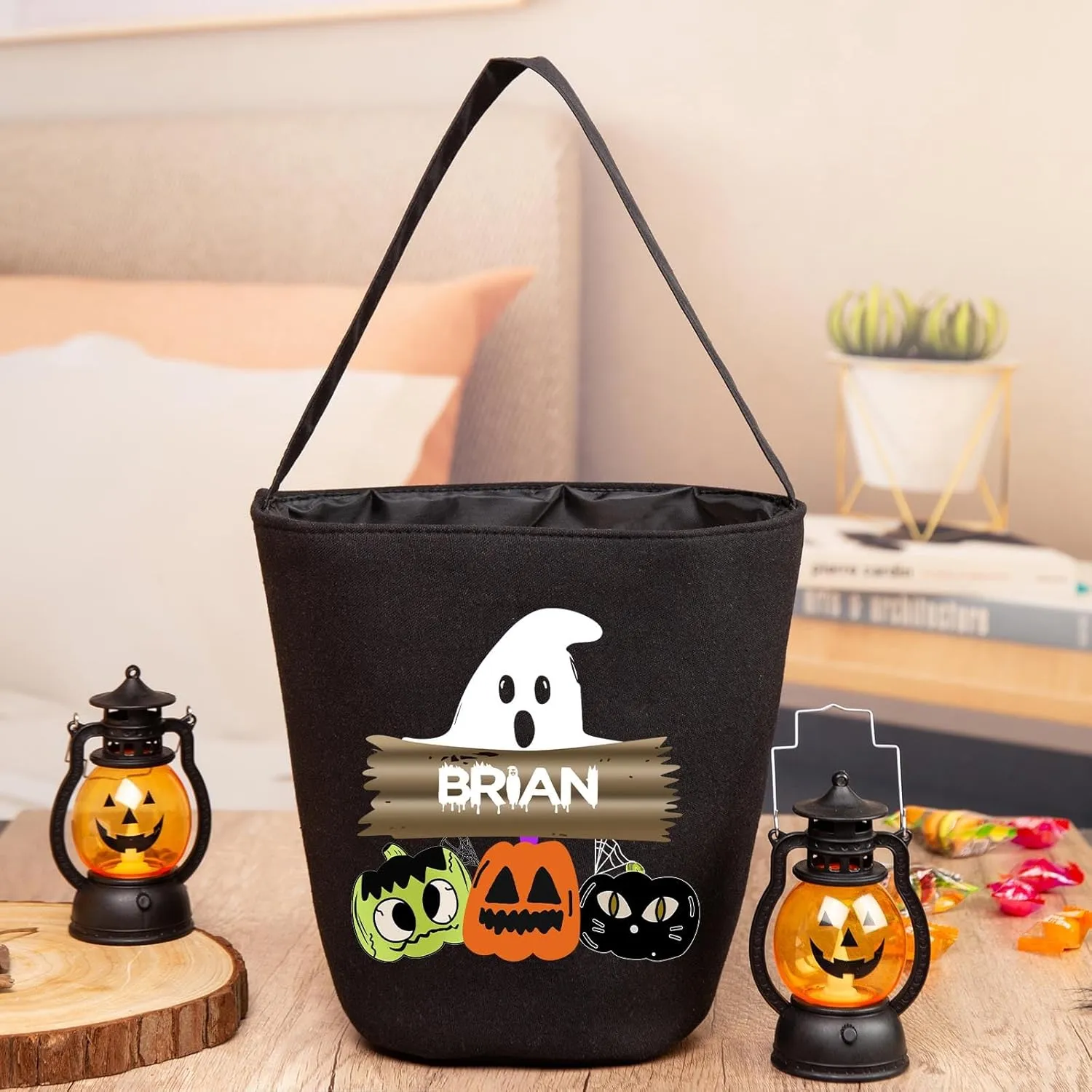 kaululu Halloween Candy Bags Halloween Candy Bucket Halloween Trick or Treat Bucket Bag Custom Name Embroidered Candy Basket for Kids (Black 5)