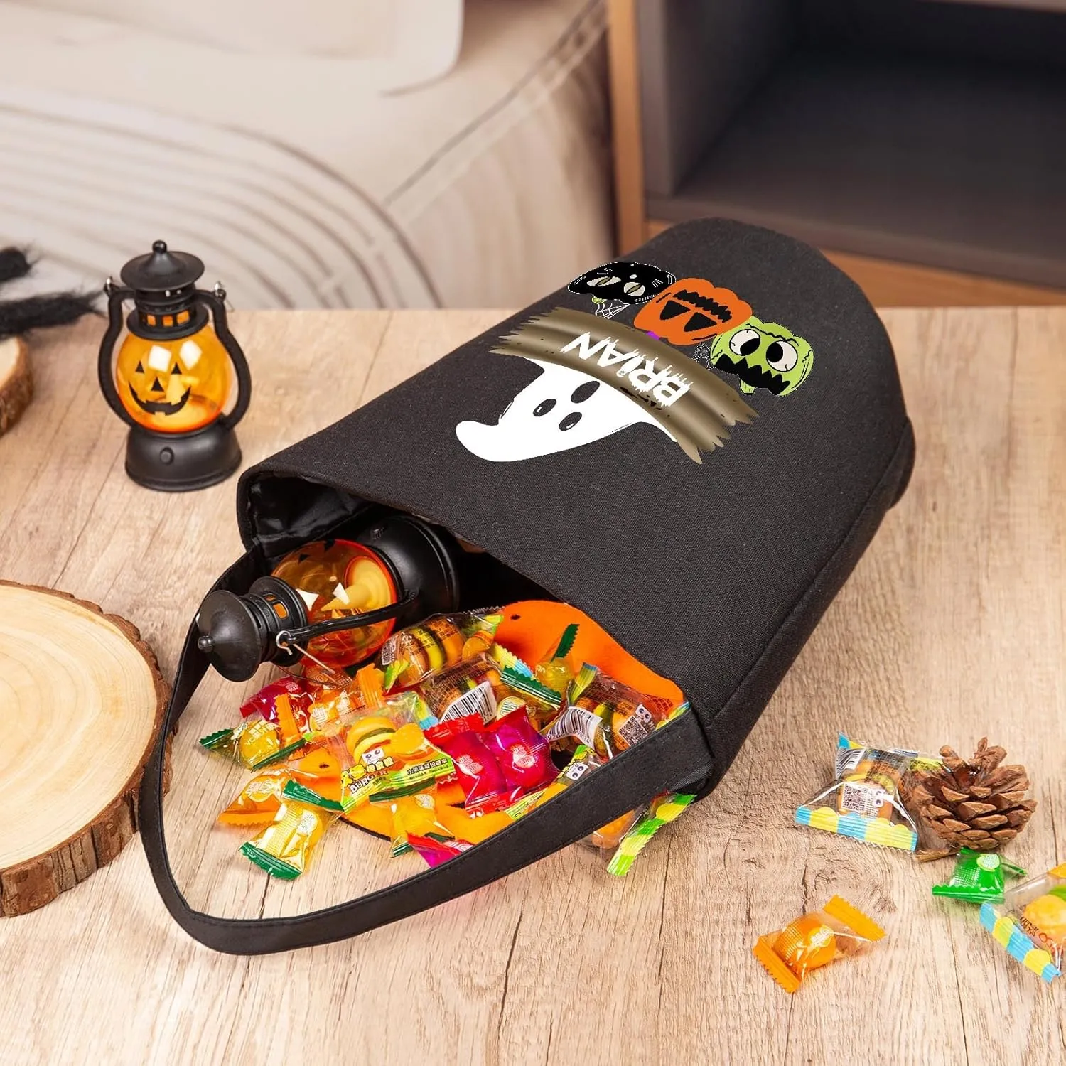 kaululu Halloween Candy Bags Halloween Candy Bucket Halloween Trick or Treat Bucket Bag Custom Name Embroidered Candy Basket for Kids (Black 5)