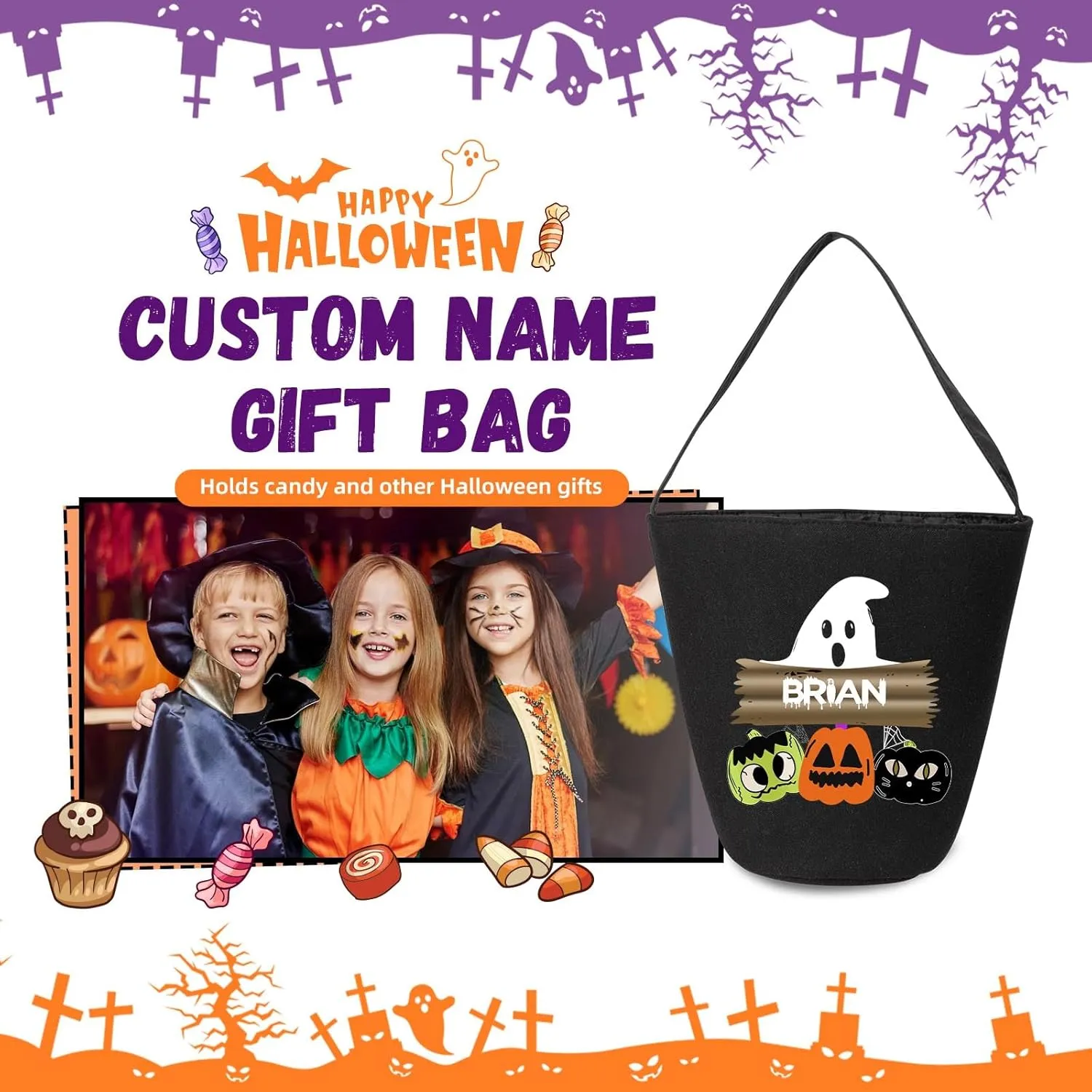 kaululu Halloween Candy Bags Halloween Candy Bucket Halloween Trick or Treat Bucket Bag Custom Name Embroidered Candy Basket for Kids (Black 5)