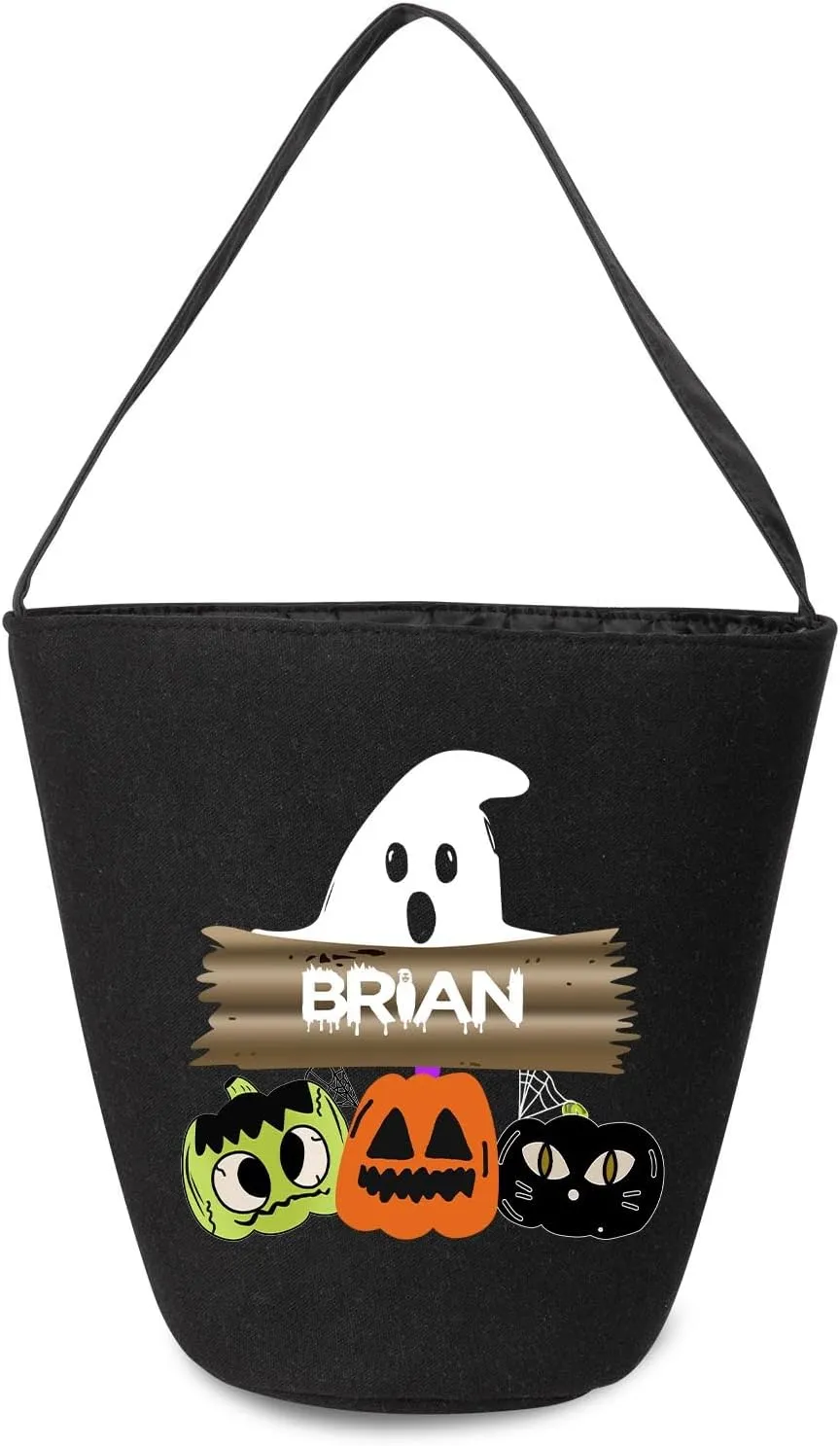 kaululu Halloween Candy Bags Halloween Candy Bucket Halloween Trick or Treat Bucket Bag Custom Name Embroidered Candy Basket for Kids (Black 5)