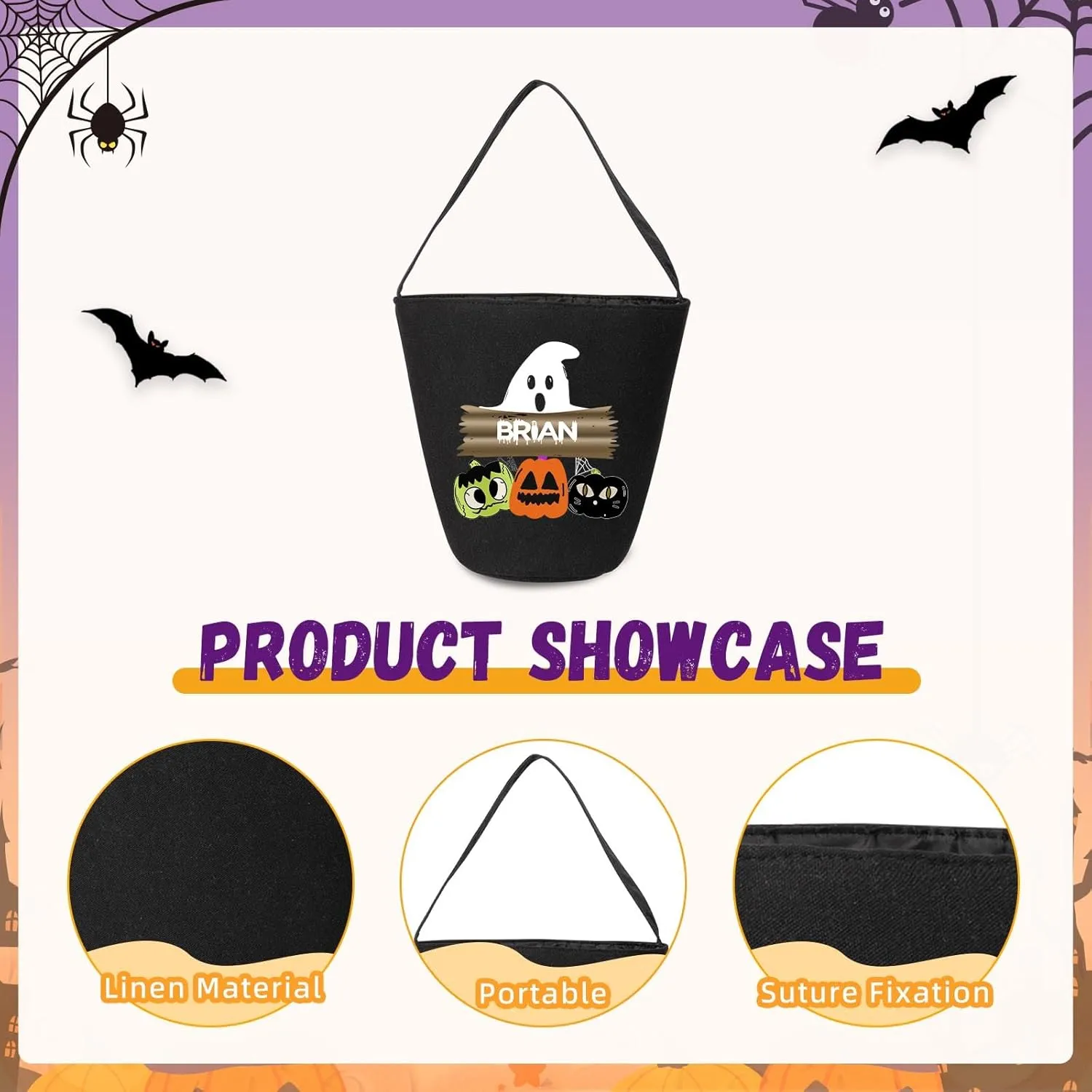 kaululu Halloween Candy Bags Halloween Candy Bucket Halloween Trick or Treat Bucket Bag Custom Name Embroidered Candy Basket for Kids (Black 5)