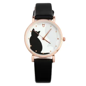 Kids Watch, Girls Watches Cartoon Cat Pattern Ladies Watch Children Watches Casual Leather Band Cute Watch Classic Leather Strap Wrist Watch with Soft Band for Boys and Girls (Black)