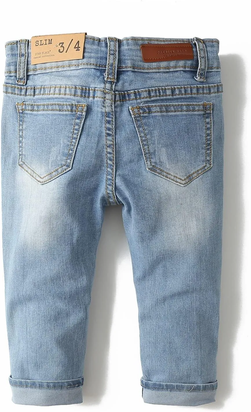 KIDSCOOL SPACE Baby Girl Boy Jeans,Elastic Band Inside with D-Rings Ripped Denim Pants