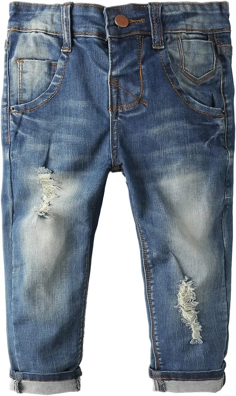 KIDSCOOL SPACE Baby Girl Boy Jeans,Elastic Band Inside with D-Rings Ripped Denim Pants