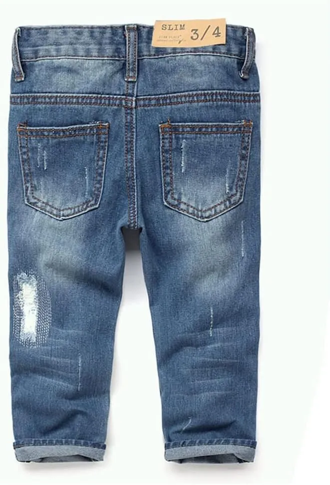KIDSCOOL SPACE Baby Girl Boy Jeans,Elastic Band Inside with D-Rings Ripped Denim Pants