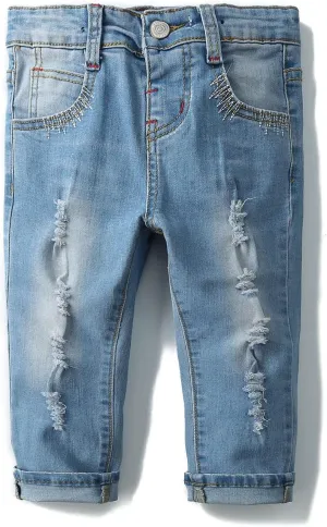 KIDSCOOL SPACE Baby Girl Boy Jeans,Elastic Band Inside with D-Rings Ripped Denim Pants