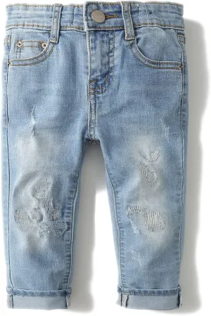 KIDSCOOL SPACE Baby Girl Boy Jeans,Elastic Band Inside with D-Rings Ripped Denim Pants