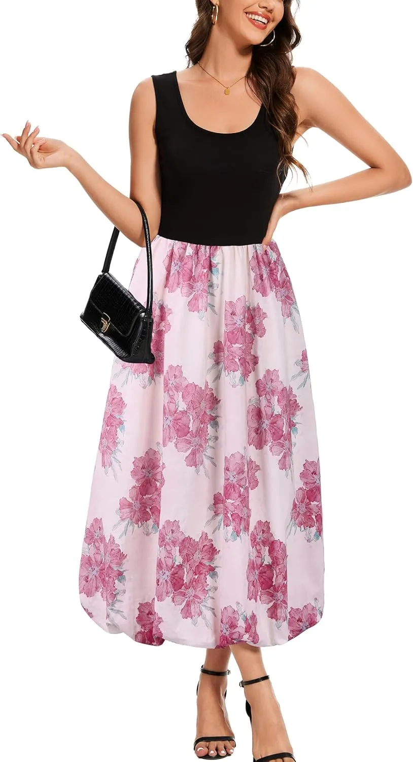 Kormei Women Sleeveless Casual Summer Beach Tank Long Dress A line Pleated Floral Flowy Sundress with Pockets