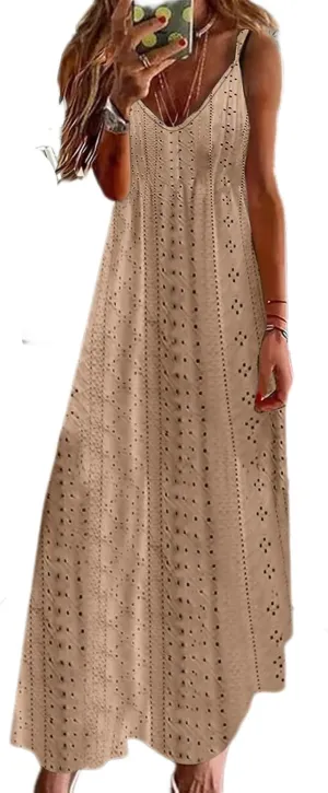 Lace Eyelet Spaghetti Strap Sundress for Women 2025 Trendy Summer V Neck Maxi Dresses
