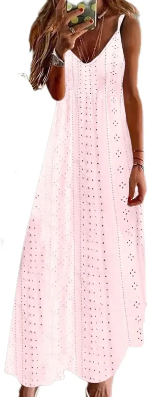 Lace Eyelet Spaghetti Strap Sundress for Women 2025 Trendy Summer V Neck Maxi Dresses
