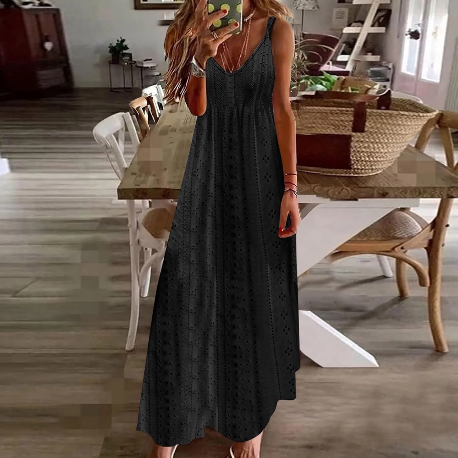 Lace Eyelet Spaghetti Strap Sundress for Women 2025 Trendy Summer V Neck Maxi Dresses