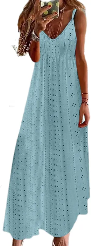 Lace Eyelet Spaghetti Strap Sundress for Women 2025 Trendy Summer V Neck Maxi Dresses