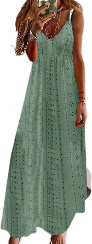 Lace Eyelet Spaghetti Strap Sundress for Women 2025 Trendy Summer V Neck Maxi Dresses
