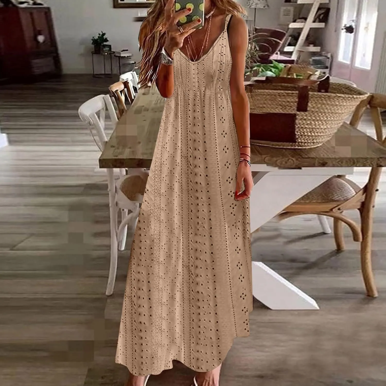 Lace Eyelet Spaghetti Strap Sundress for Women 2025 Trendy Summer V Neck Maxi Dresses