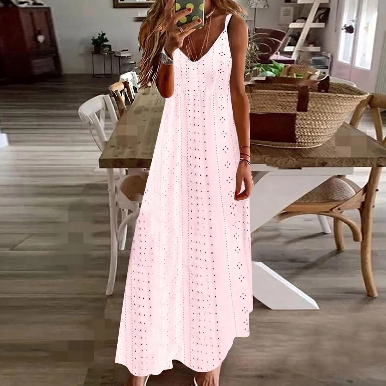 Lace Eyelet Spaghetti Strap Sundress for Women 2025 Trendy Summer V Neck Maxi Dresses
