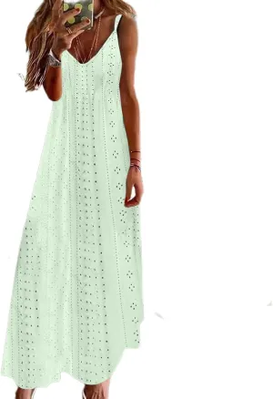 Lace Eyelet Spaghetti Strap Sundress for Women 2025 Trendy Summer V Neck Maxi Dresses