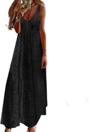 Lace Eyelet Spaghetti Strap Sundress for Women 2025 Trendy Summer V Neck Maxi Dresses