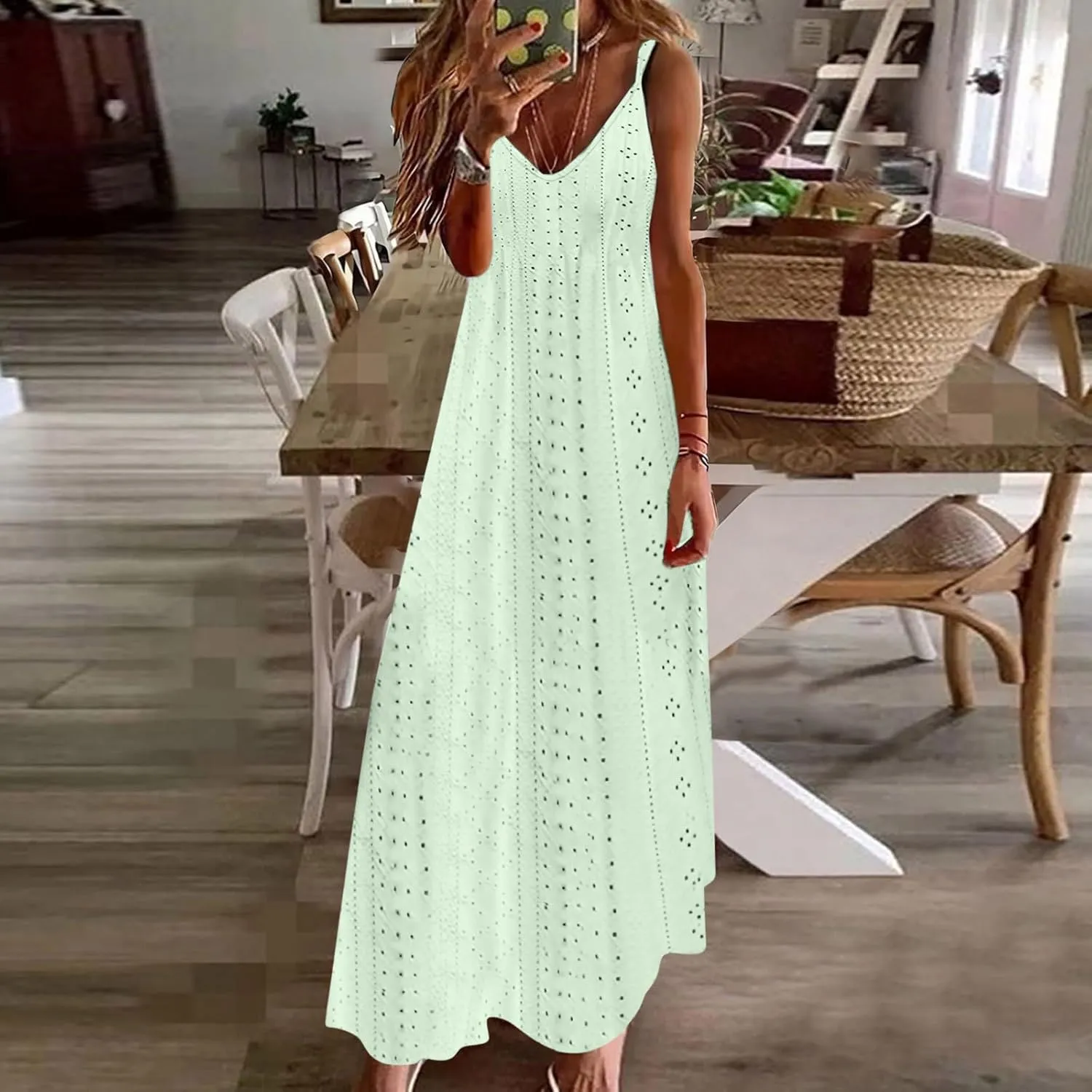 Lace Eyelet Spaghetti Strap Sundress for Women 2025 Trendy Summer V Neck Maxi Dresses