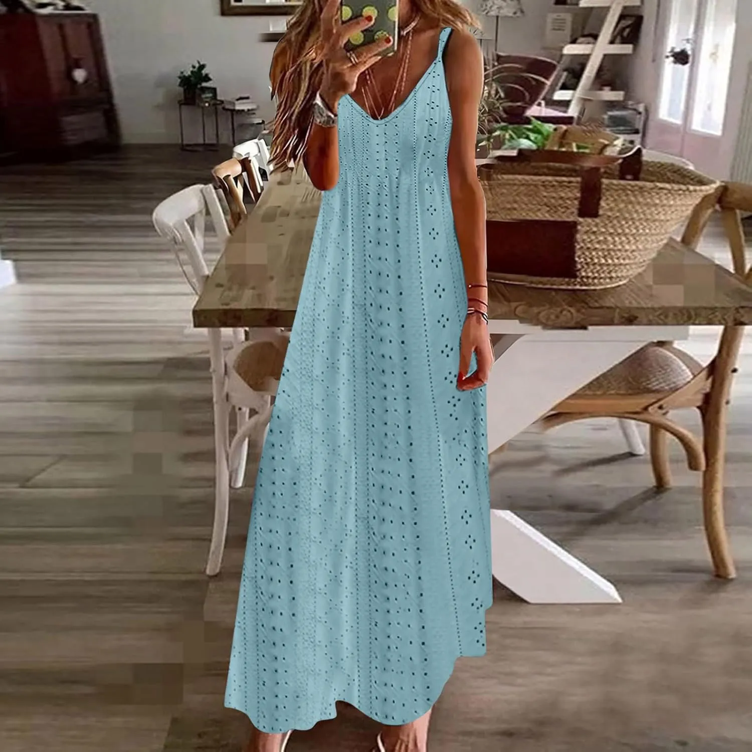 Lace Eyelet Spaghetti Strap Sundress for Women 2025 Trendy Summer V Neck Maxi Dresses