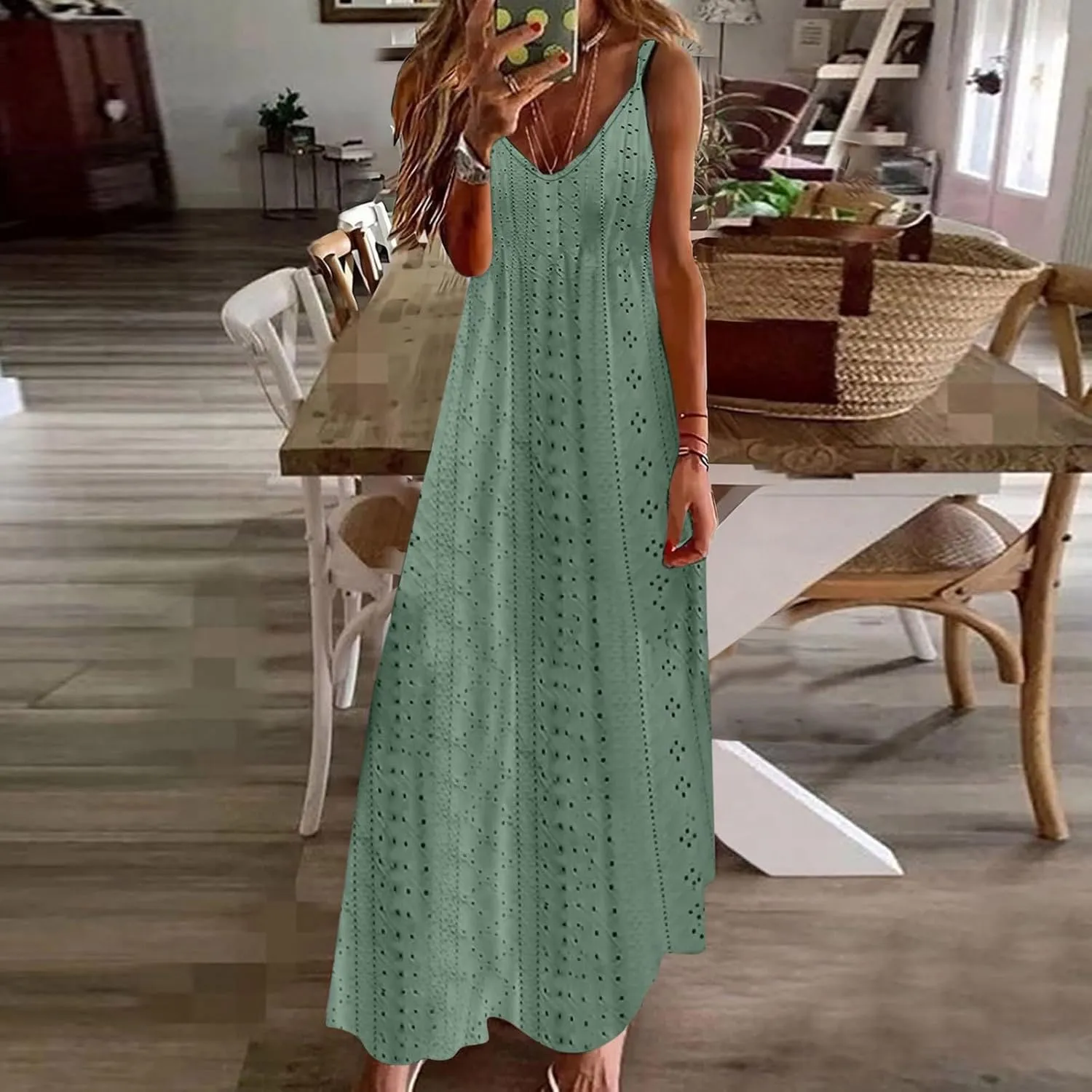Lace Eyelet Spaghetti Strap Sundress for Women 2025 Trendy Summer V Neck Maxi Dresses