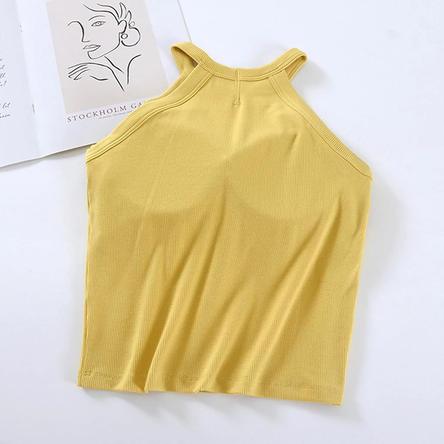 Lastesso Tank Tops with Built in Bras Sleeveless Racerback Casual Basic Ribbed Shirts High Neck Slim Fitted Crop Shirts