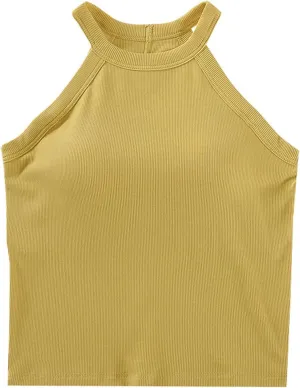 Lastesso Tank Tops with Built in Bras Sleeveless Racerback Casual Basic Ribbed Shirts High Neck Slim Fitted Crop Shirts