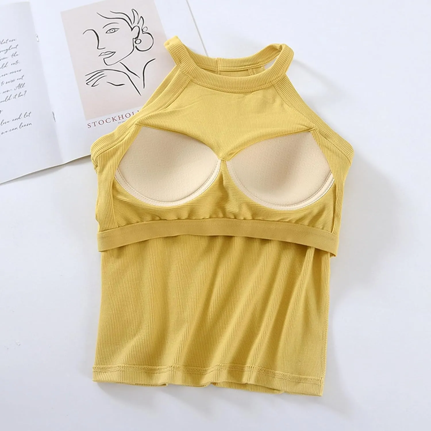 Lastesso Tank Tops with Built in Bras Sleeveless Racerback Casual Basic Ribbed Shirts High Neck Slim Fitted Crop Shirts