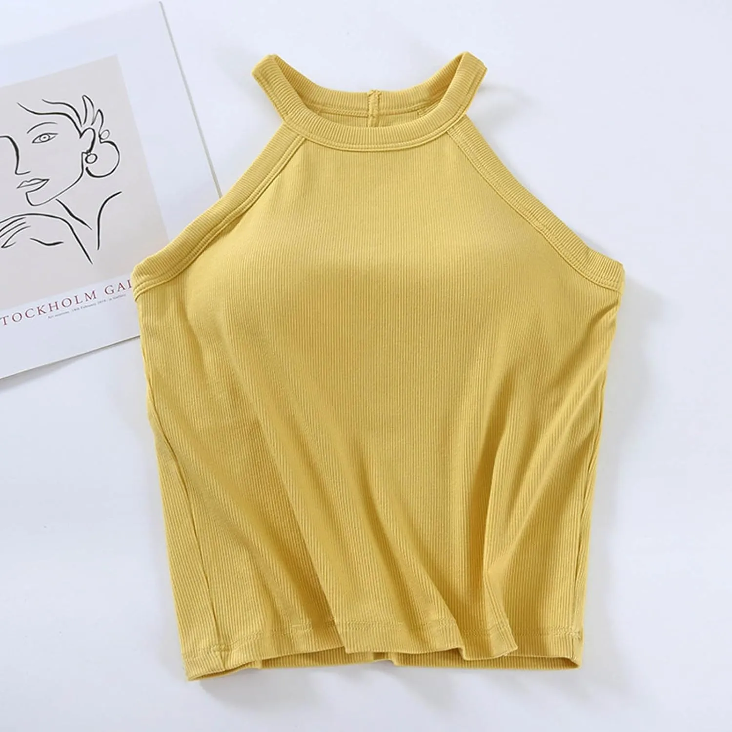 Lastesso Tank Tops with Built in Bras Sleeveless Racerback Casual Basic Ribbed Shirts High Neck Slim Fitted Crop Shirts