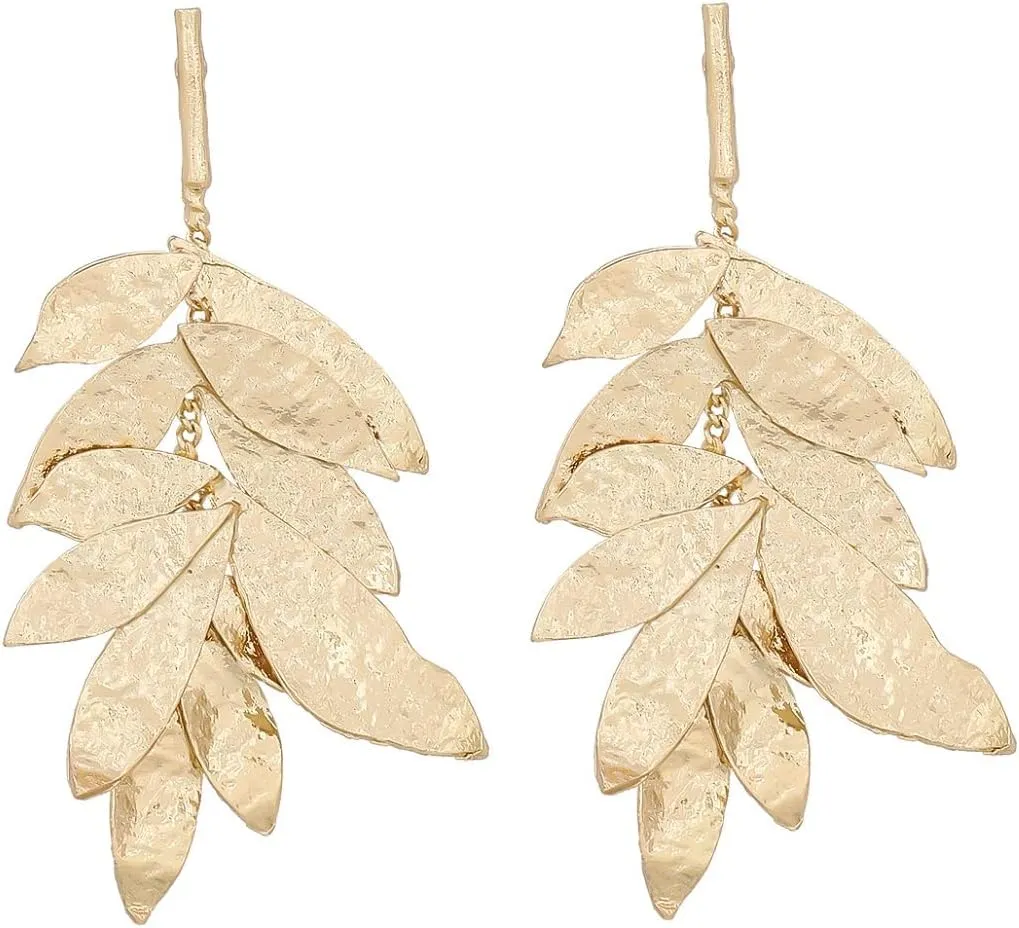 Leaf Cluster Earrings, Gold Leaf Chandelier Dangle Earrings for Women, Bohemian Tree Leaf Earrings, Multi-layer Leaf Plant Stud Earrings Floral Leaf Boho Jewelry, Zinc, no
